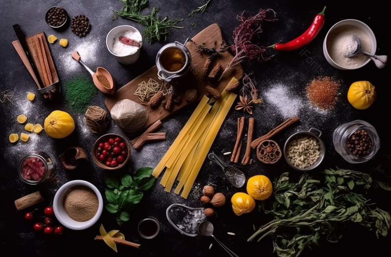 上方镜头拍摄西餐食材厨房用品,高清,摄影图,摄影图片,图片大全,摄影图免费下载
